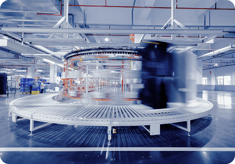 Factory interior with automated assembly line